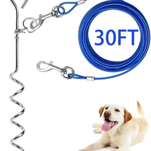 30ft Heavy Duty Dog Tie Out Cable with Anti-Rust Stake, Blue Leash for Medium-Large Dogs Up to 125 lbs