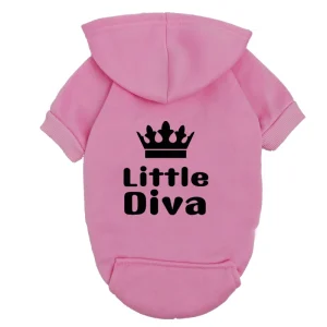 Pet Hoodie Pink "Little Diva" - Fleece-Lined Dog Sweatshirt with Crown - Winter Apparel