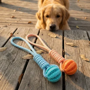 Dog Puzzle Treat Dispensing Ball with Rope Handle