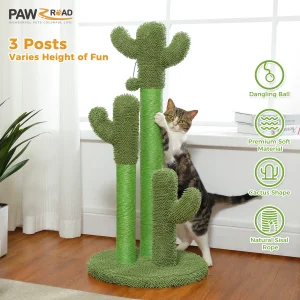 Cactus-shaped cat scratching post with durable sisal poles and a dangling toy ball for endless scratching and play.